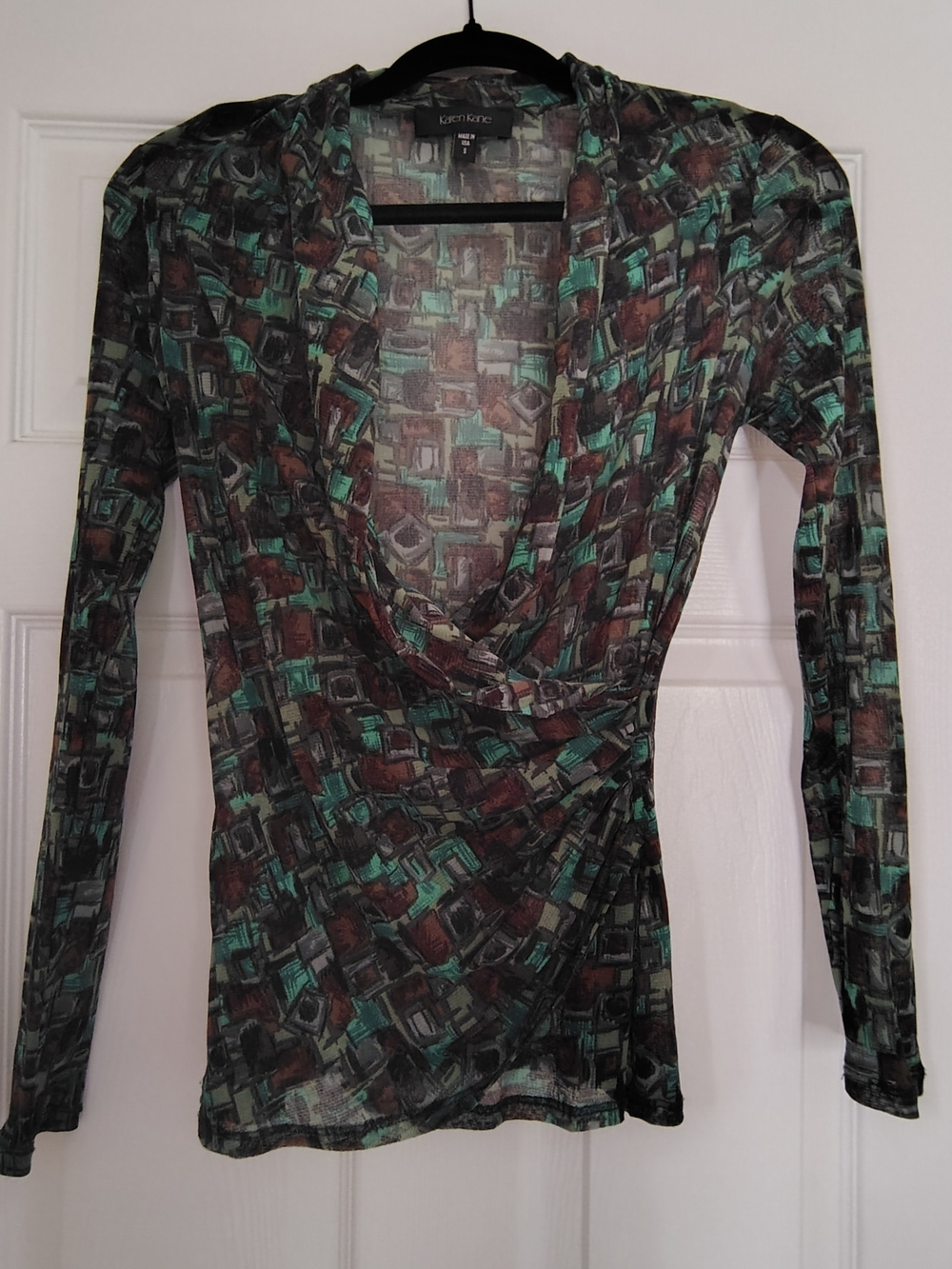 Karen Kane Green & Brown Patterned Long-Sleeve Drape Neck Top